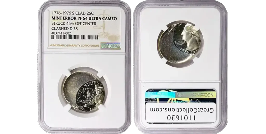 Obverse and reverse of the 25-cent coin with 45% off-center strike error (valuable and sought-after specimen).