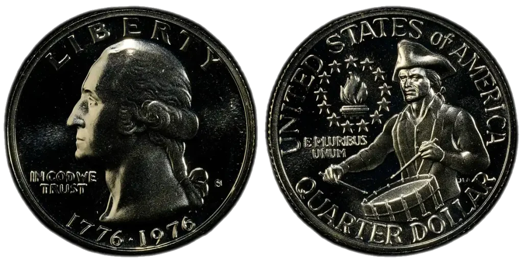 Example of ordinary regular proof silver quarter with visible S mint mark - on the most valuable error 1776-1976 quarter this mark is missed.