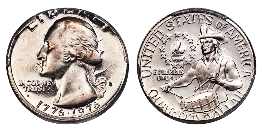 Example of PR68 Cameo 1776-1976 S Bicentennial Quarter that is struck on a five cent planchet, graded by PCGS.