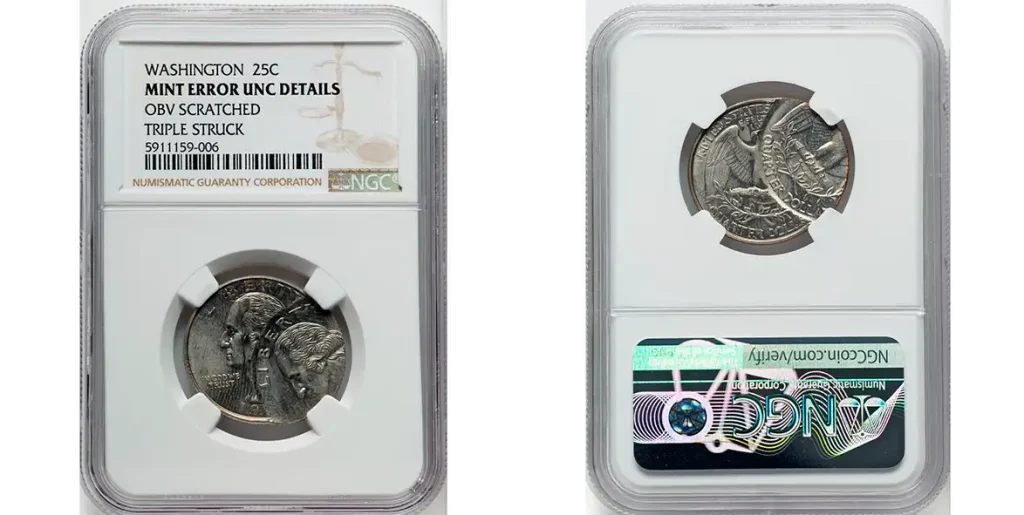 Very rare 1776-1976 quarter example with triple -struck error.