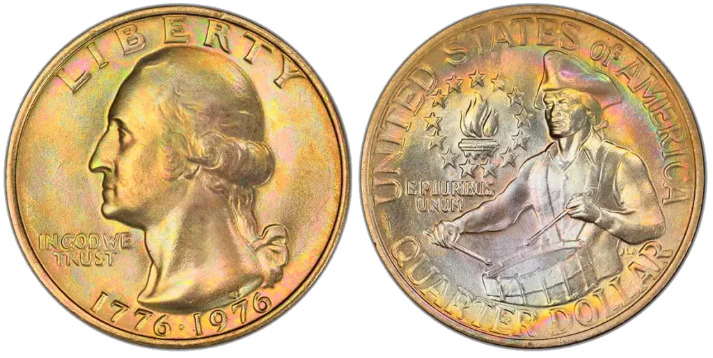 1776-1976 Bicentennial Quarter showing Washington portrait on the obverse and the Colonial Drummer on the reverse.