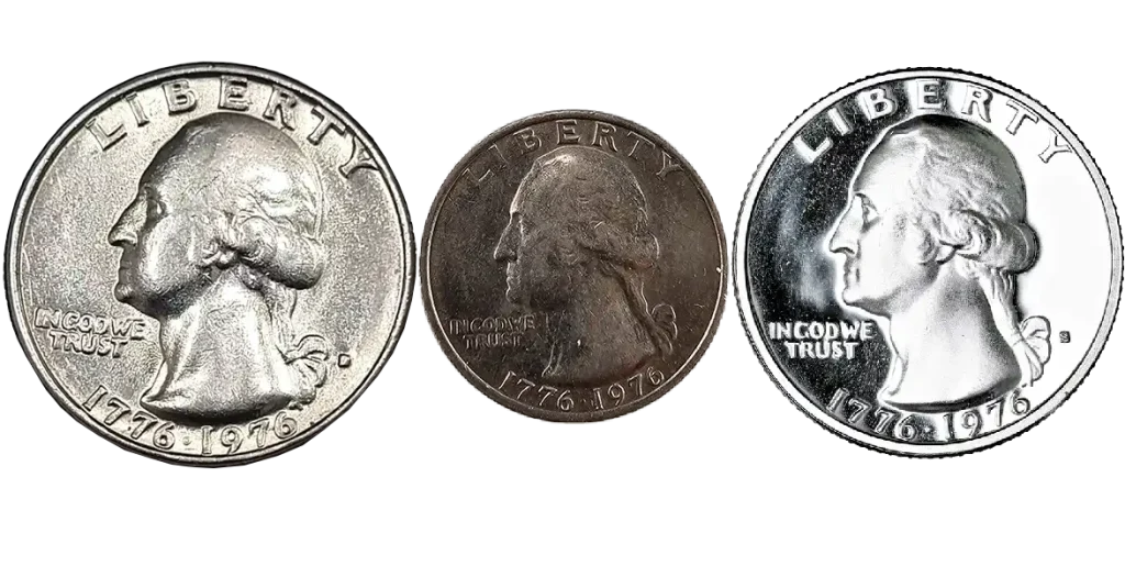 Close up of 1776-1976 quarters from different mint marks: none for Philadelphia, D - for Denver, S - for San Francisco (proof).